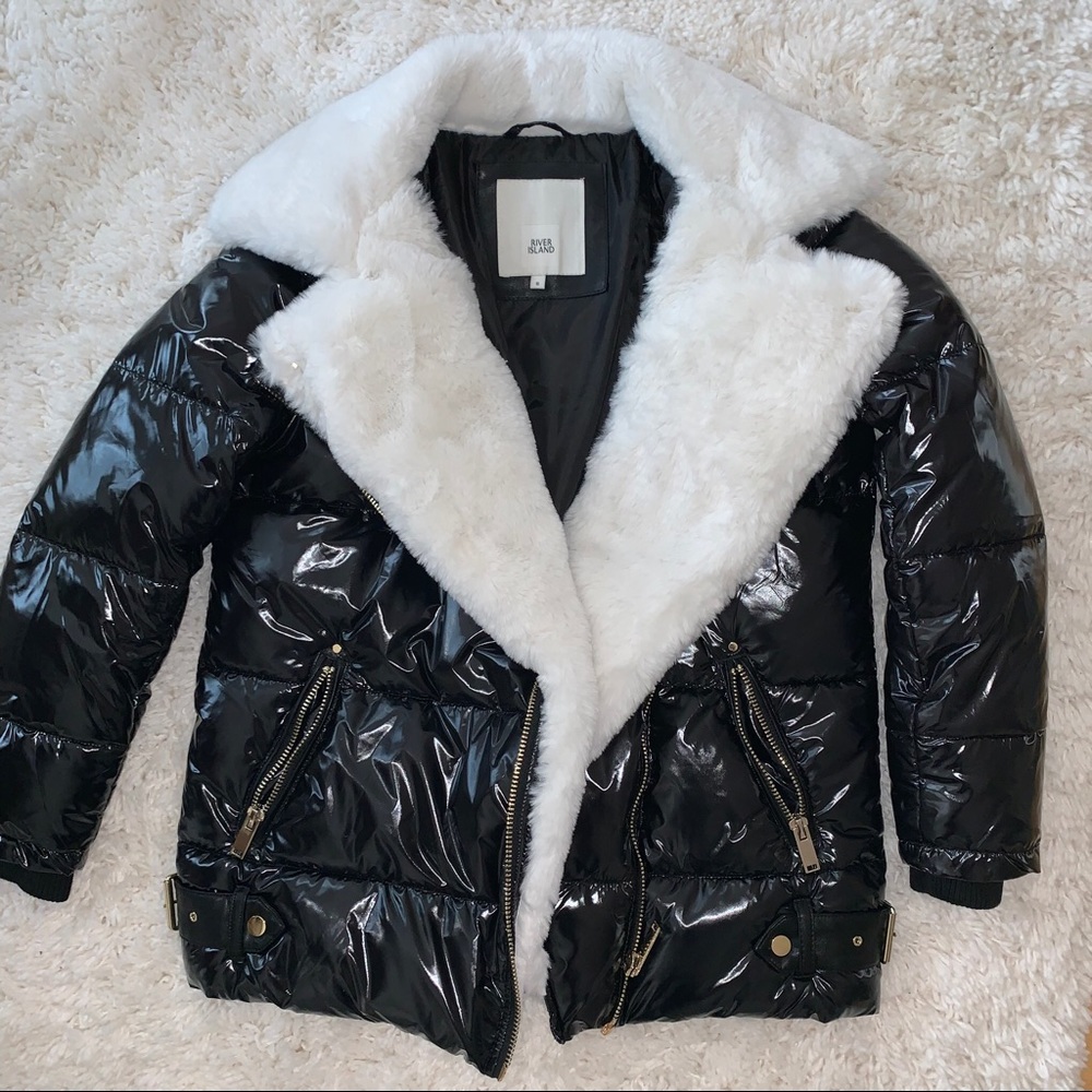 River Island Black vinyl puffer coat (white fur)